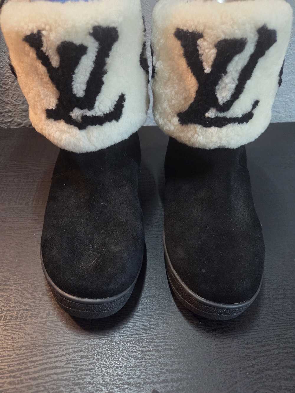 Louis Vuitton Black Suede Shearling Cuff Logo Boots